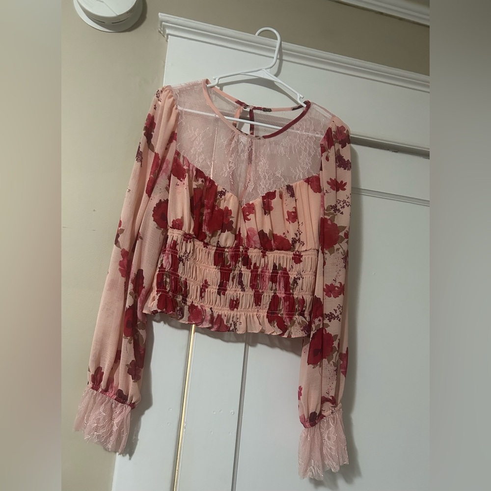 Free People Pink and Red Floral Blouse
